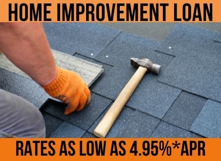 Home Improvement Loan man nailing shingles to a roof advertising rate of 4.95% apr